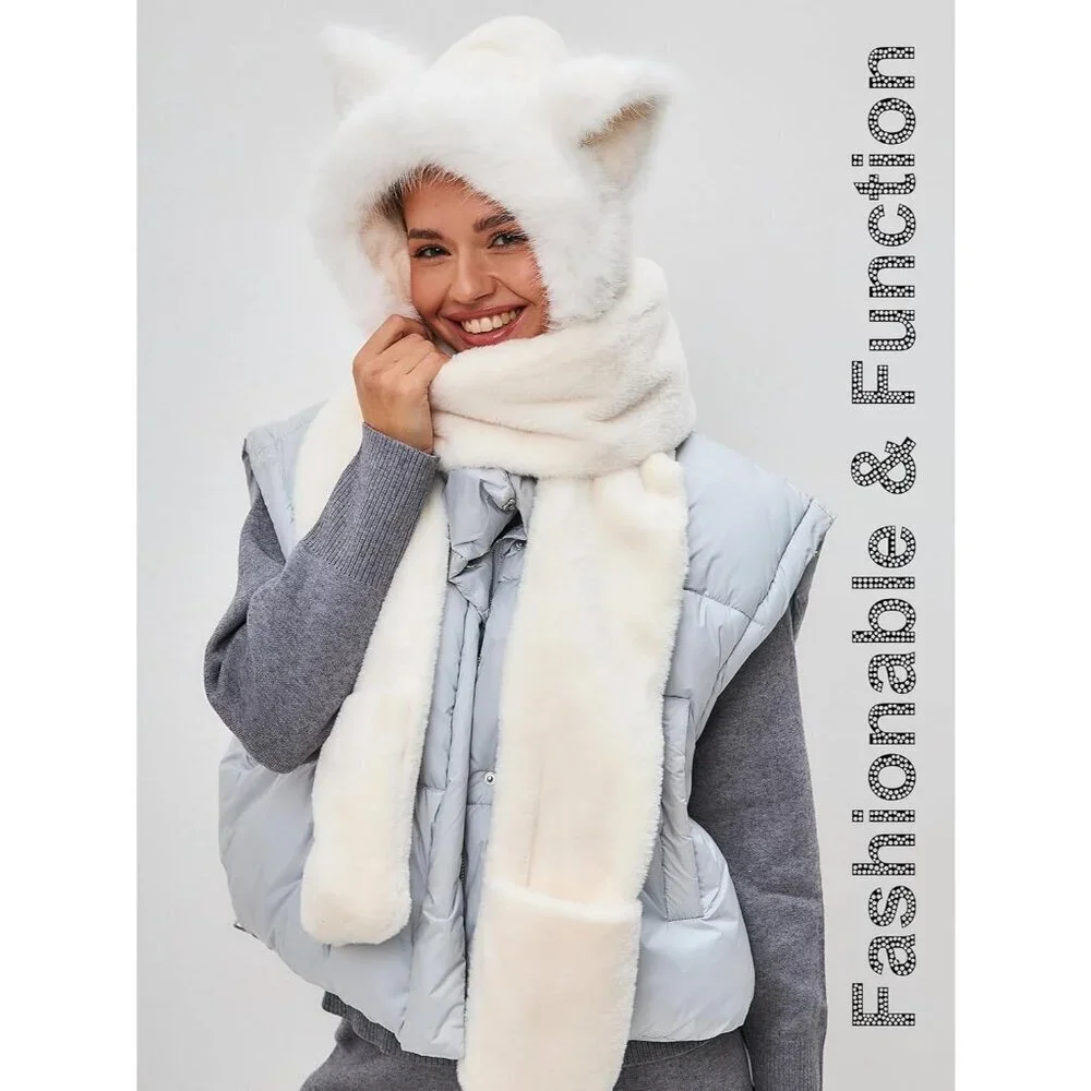 Kids Lvory Faux fur Cute Cat Ears Winter Hat, 3 in 1 Plush Animal Hat Imported